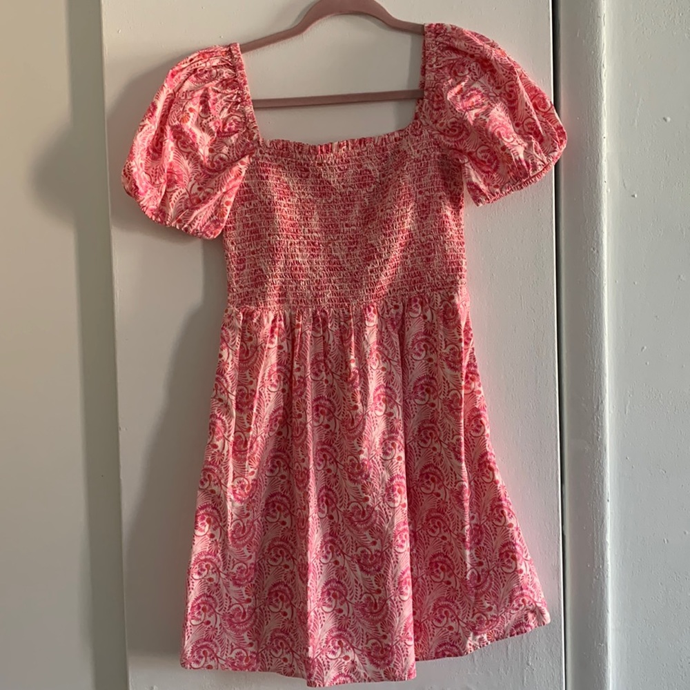 Jcrew Pink Puff Sleeve Paisley Smocked Short Dress